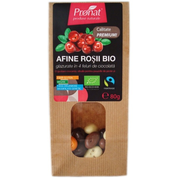 Boabe afine rosii invelite 4feluri ciocolata eco 80g - PRONAT