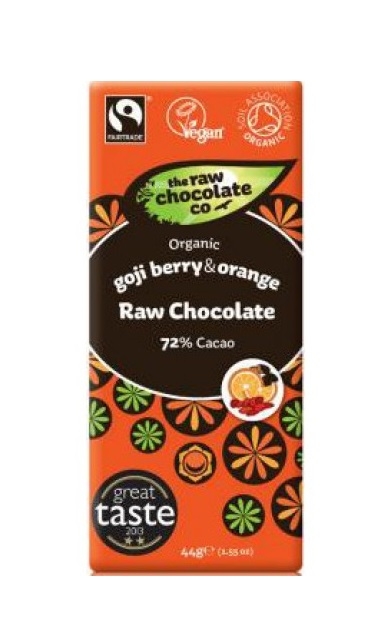 Ciocolata neagra 72% goji portocale raw eco 44g - THE RAW CHOCOLATE CO