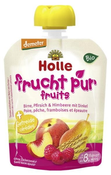 Piure pere piersici zmeura spelta bebe +8luni eco 90g - HOLLE