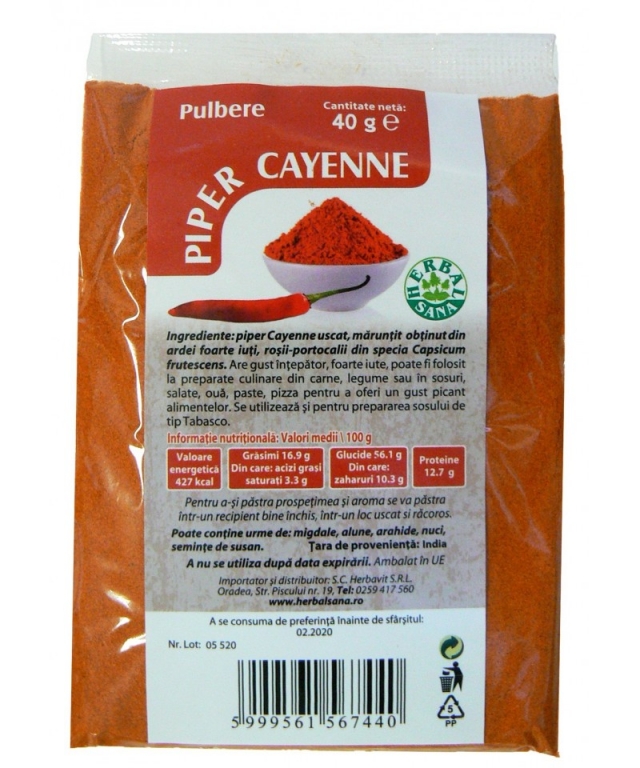 Condiment piper cayenne pulbere 40g - HERBAL SANA