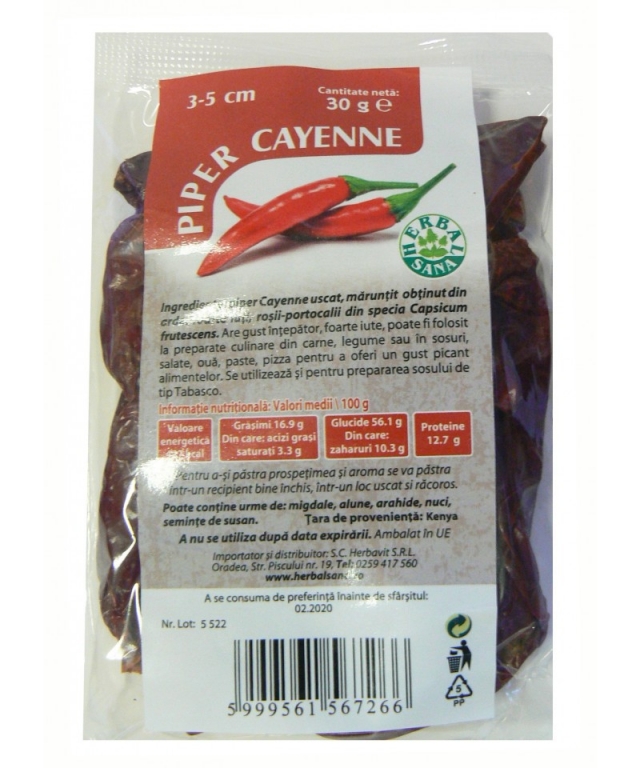 Condiment piper cayenne intreg 3_5cm 30g - HERBAL SANA