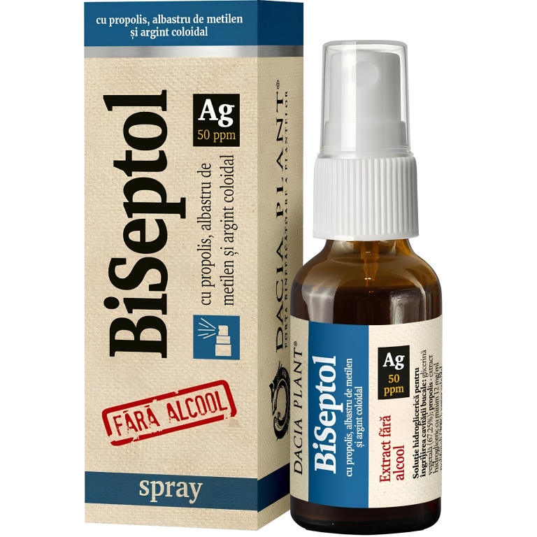 Spray gat BiSeptol Ag 50ppm propolis albastru metilen fara alcool 20ml - DACIA PLANT